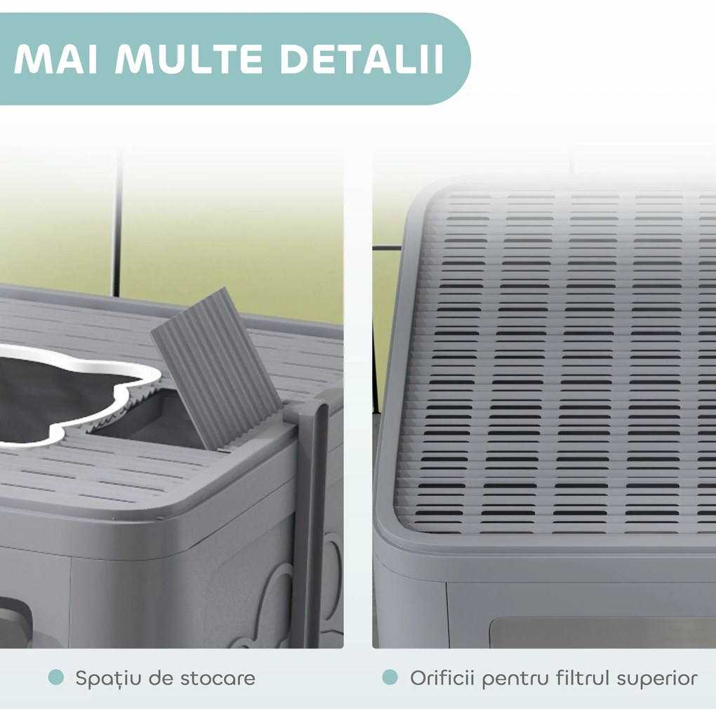 PawHut Litieră pentru Pisici cu Capac Intrare Dublă, Sertar, Lopată Gri | Aosom Romania