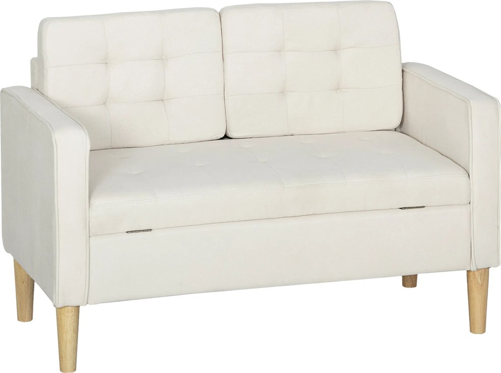 HOMCOM Canapea cu două locuri cu spațiu de depozitare, capitonare cu nasturi, perne, lemn de cauciuc, 117x62x78cm, alb crem | Aosom Romania
