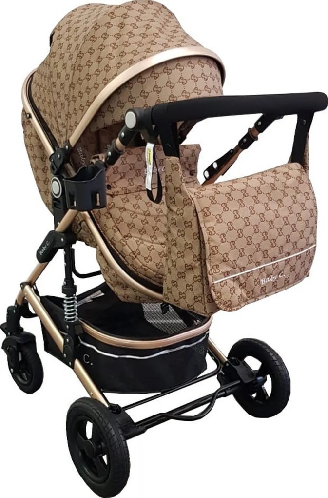 Carucior nou nascuti 3 in 1 Baby Care™ PRO 531, Cu geanta bebe, Cadru Aluminiu Gold , Amortizoare, Roti din cauciuc plin AVE, Landou, Scoica auto,