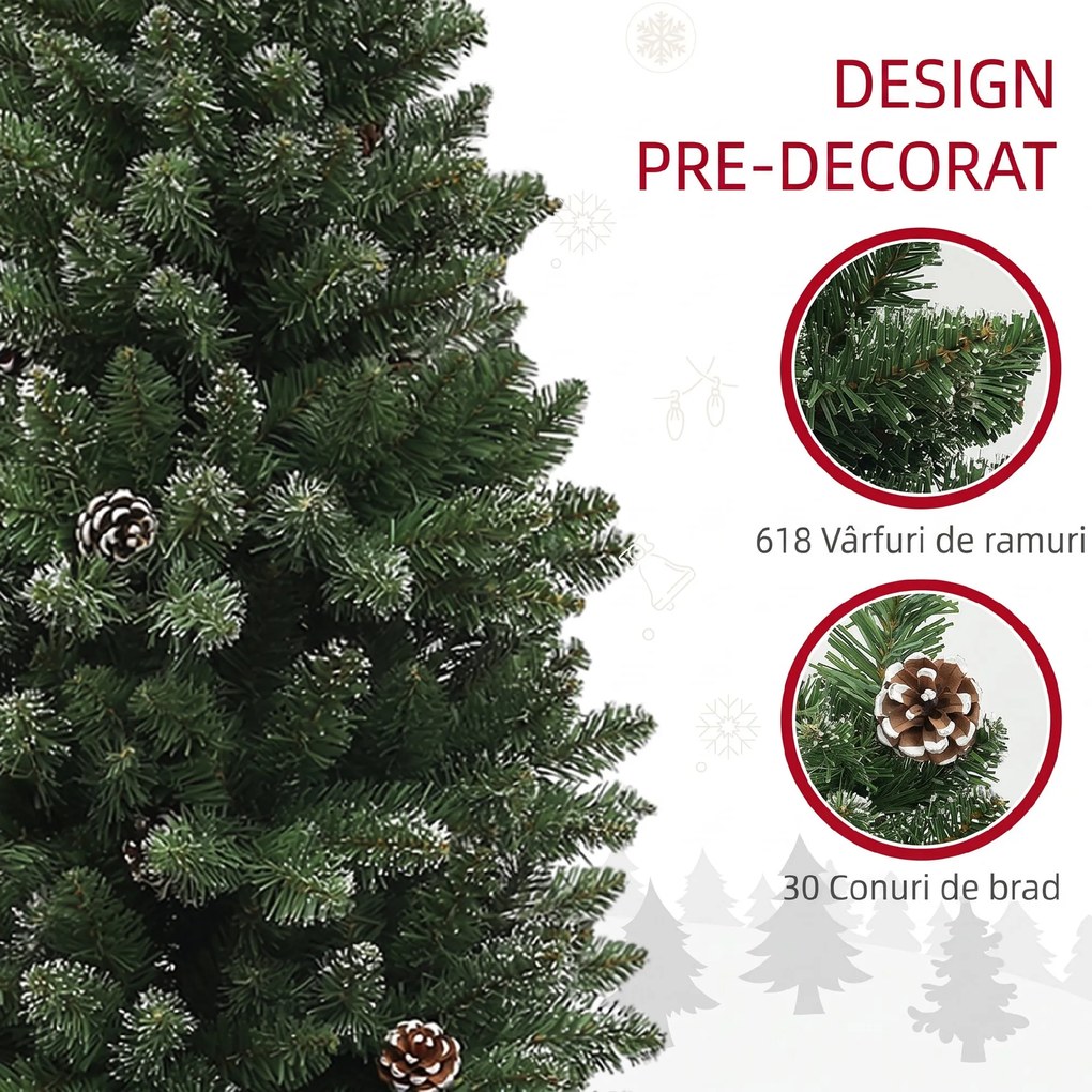 HOMCOM Brad de Crăciun Înzăpezit Înalt cu 618 Crengi, Brad Artificial de Crăciun cu Conuri și Bază, Ø70x180 cm, Verde | Aosom Romania