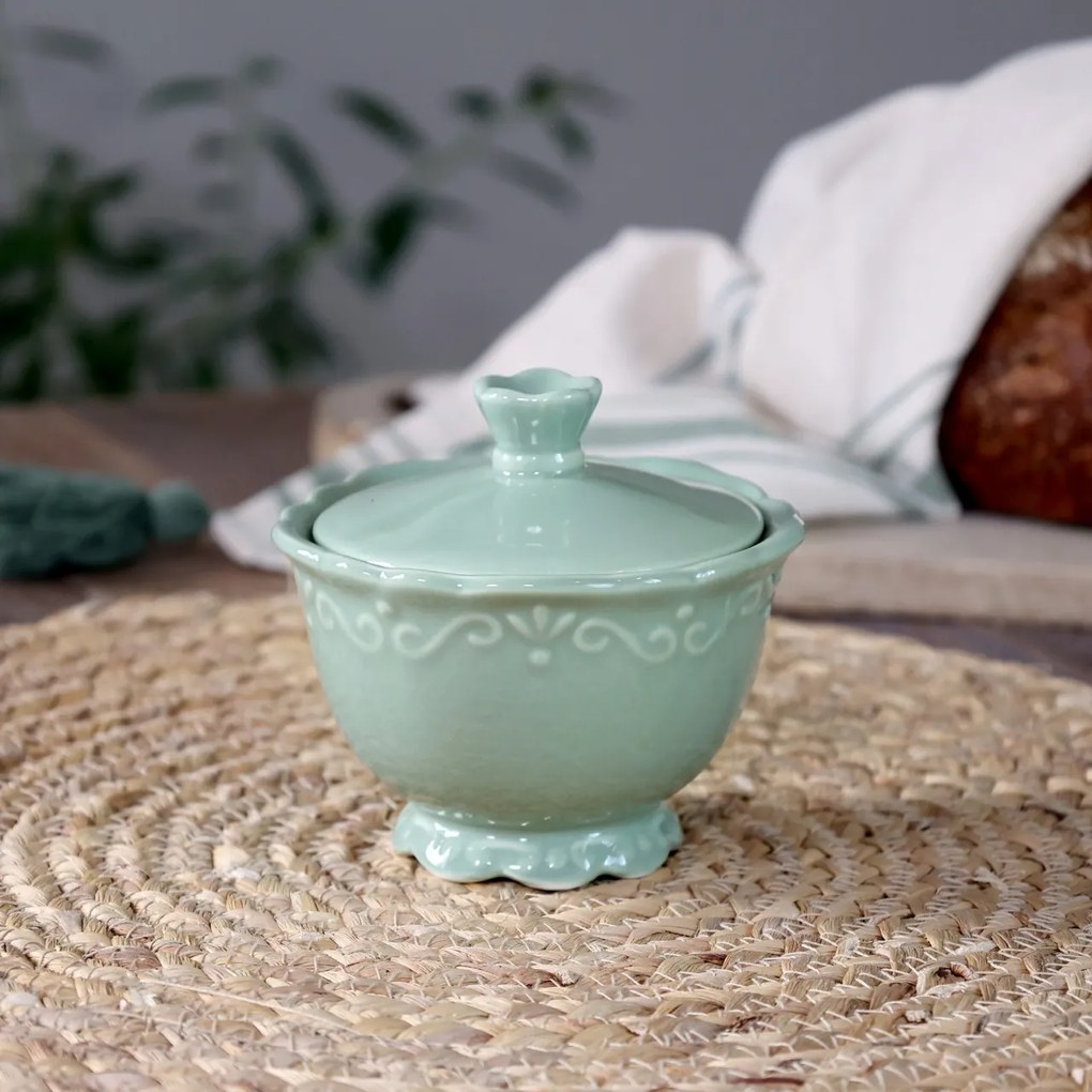 Zaharnița din porțelan verde mentă, H9/D10 cm, model dantelă în relief, „Provence"