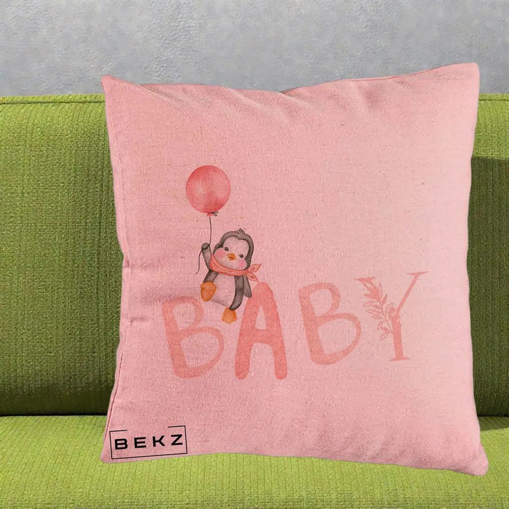Perna Personalizata Baby Pinguin Roz, 40x40 cm, Roz, Husa Detasabila, Perna Inclusa, BEKZ®