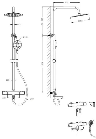 Set de duș cu baterie termostatică BATH DELUXE 31-160-11-60-00 DRAGOR crom
