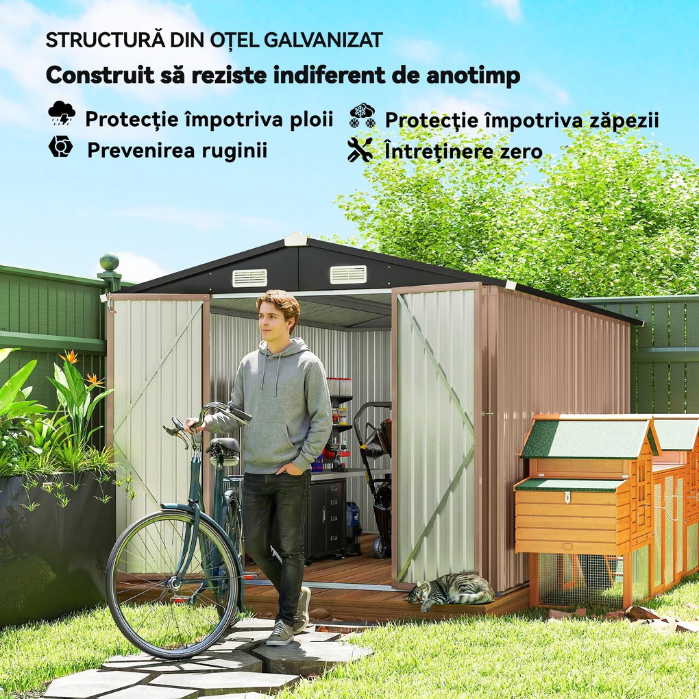 Outsunny Magazie Metalică 305 x 245 cm, Căsuță de Grădină Rezistentă cu 4 Guri de Aerisire și Uși Duble cu Încuietoare, Maro | Aosom Romania