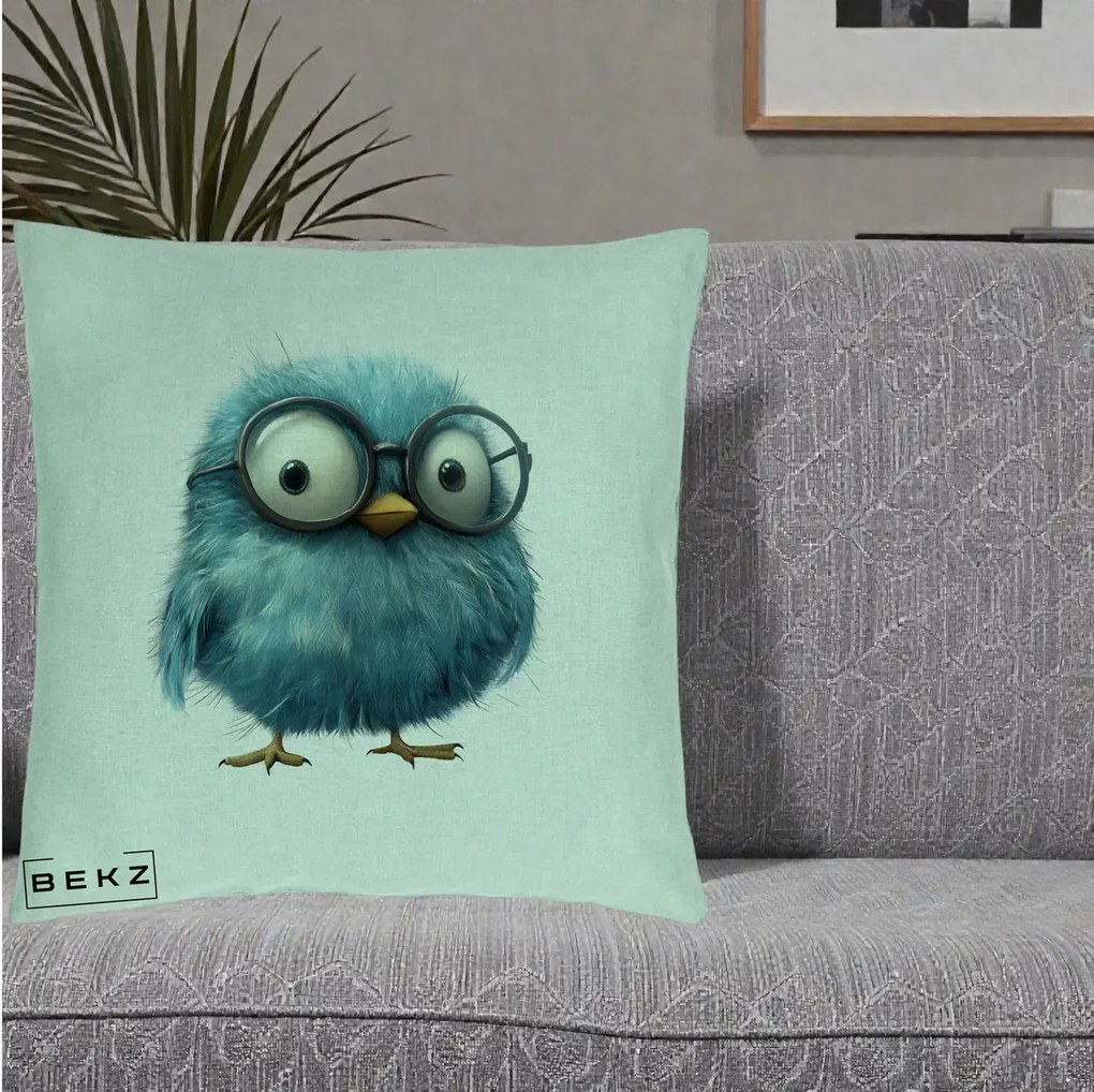 Perna Decorativa Pui Pufos Teal cu Ochelari, 40x40 cm, Verde Menta, Husa Detasabila, Perna Inclusa, BEKZ®