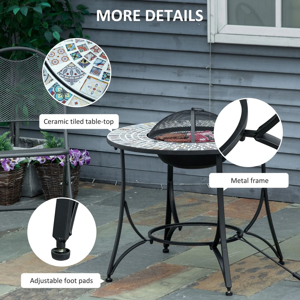 Brazier in aer liber Outsunny 3 in 1 Masuta de Gradina si Gratar pentru Barbecue din Metal si Ceramica, cu Vatrai, 75x75x60cm | Aosom Romania