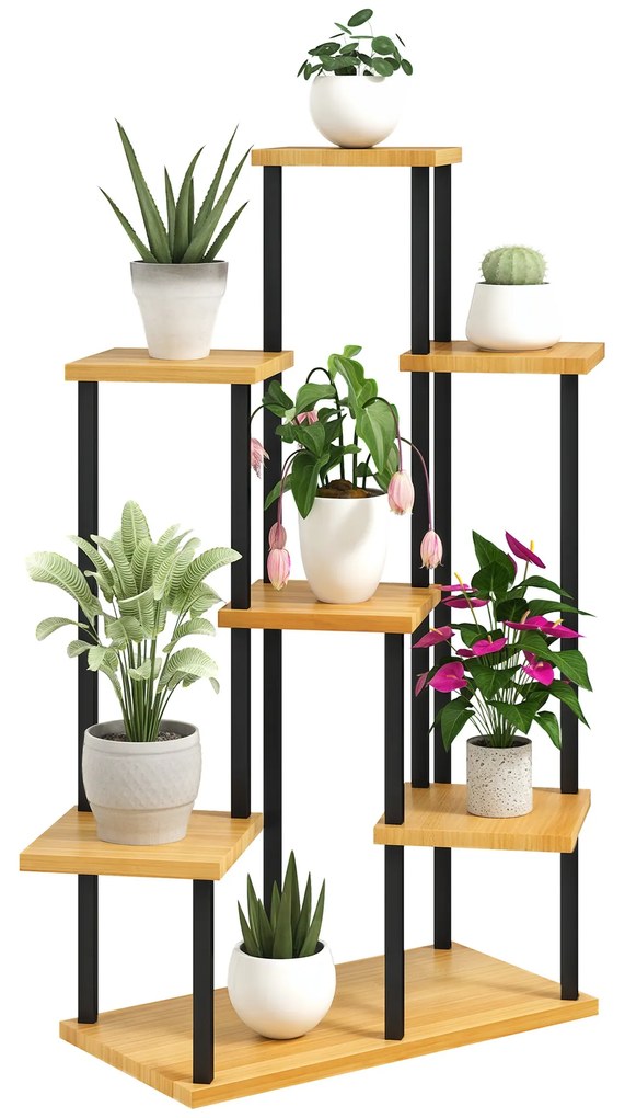 Outsunny Suport pentru plante cu 7 niveluri pentru interior și exterior, stand plante din oțel și lemn, lemn natural | Aosom Romania