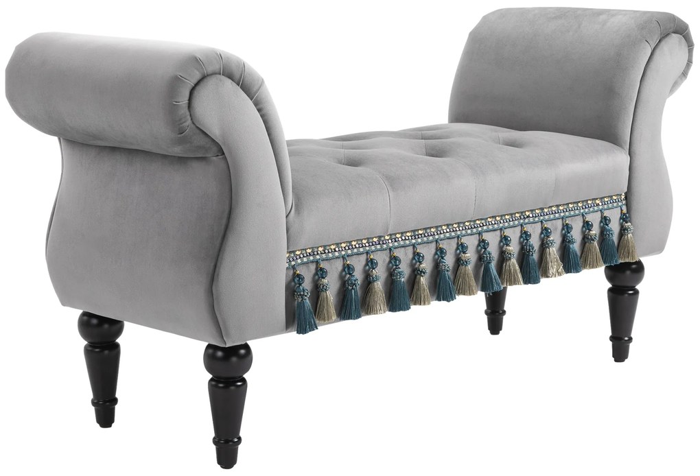 HOMCOM Bancă Banca capitonată Catifea Scaun cu brațe Lemn masiv de hevea Gri 40P x 117L x 58H cm | Aosom Romania