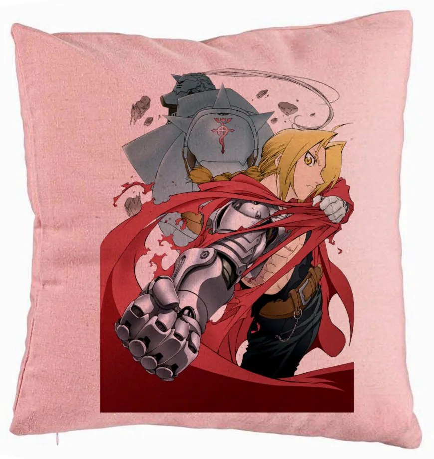 Perna Decorativa cu Full Metal Alchemist Edward Elric, 40x40 cm, Roz, Husa Detasabila, Burduf