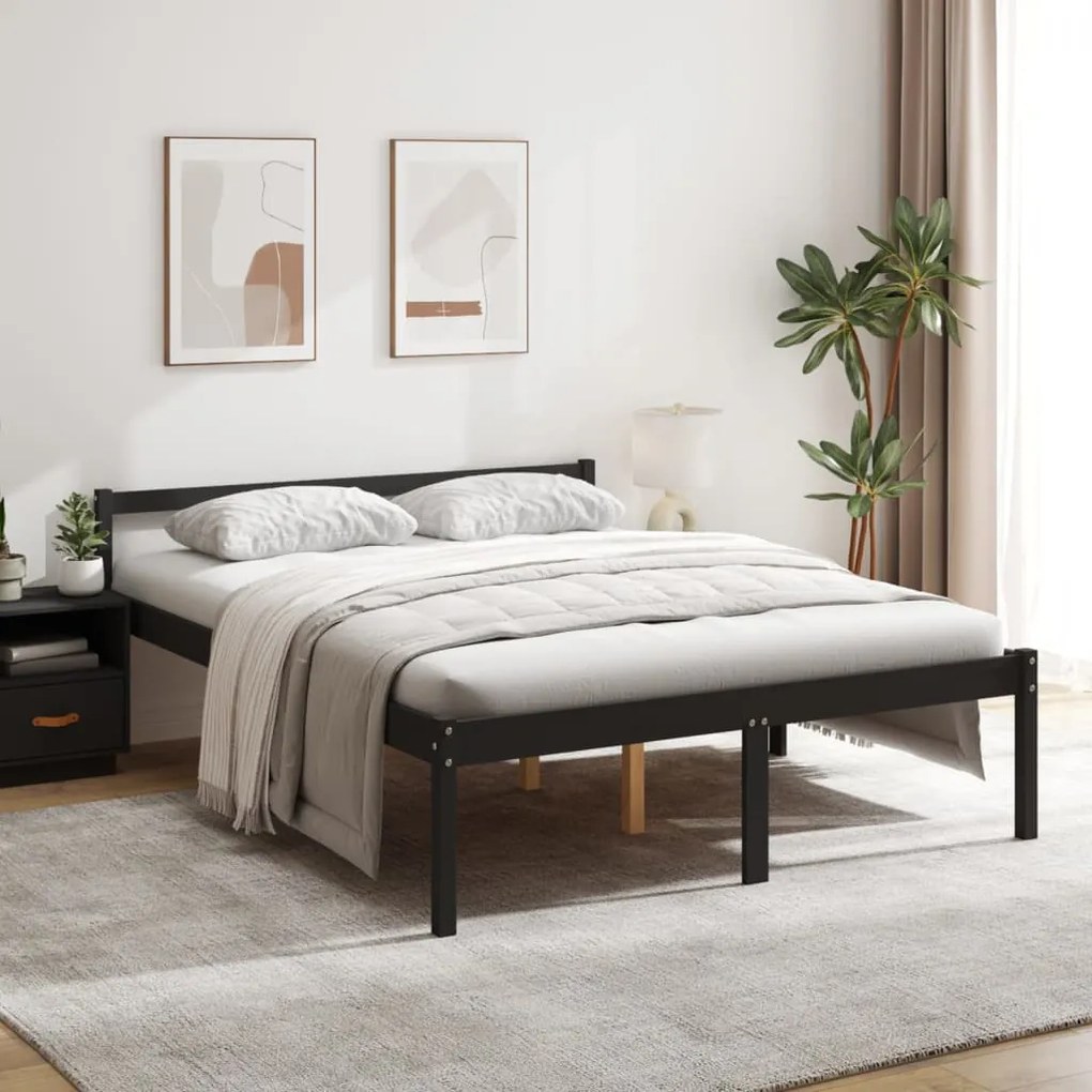 vidaXL Pat pentru seniori king, negru, 150x200 cm, lemn masiv de pin