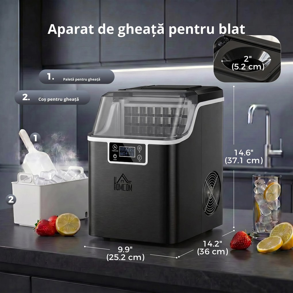 HOMCOM Mașină de Gheață cu 24 de Cuburi de Dimensiune Reglabilă, Rezervor și Sistem de Autocurățare, 25.2x36x37.1 cm, Negru | Aosom Romania