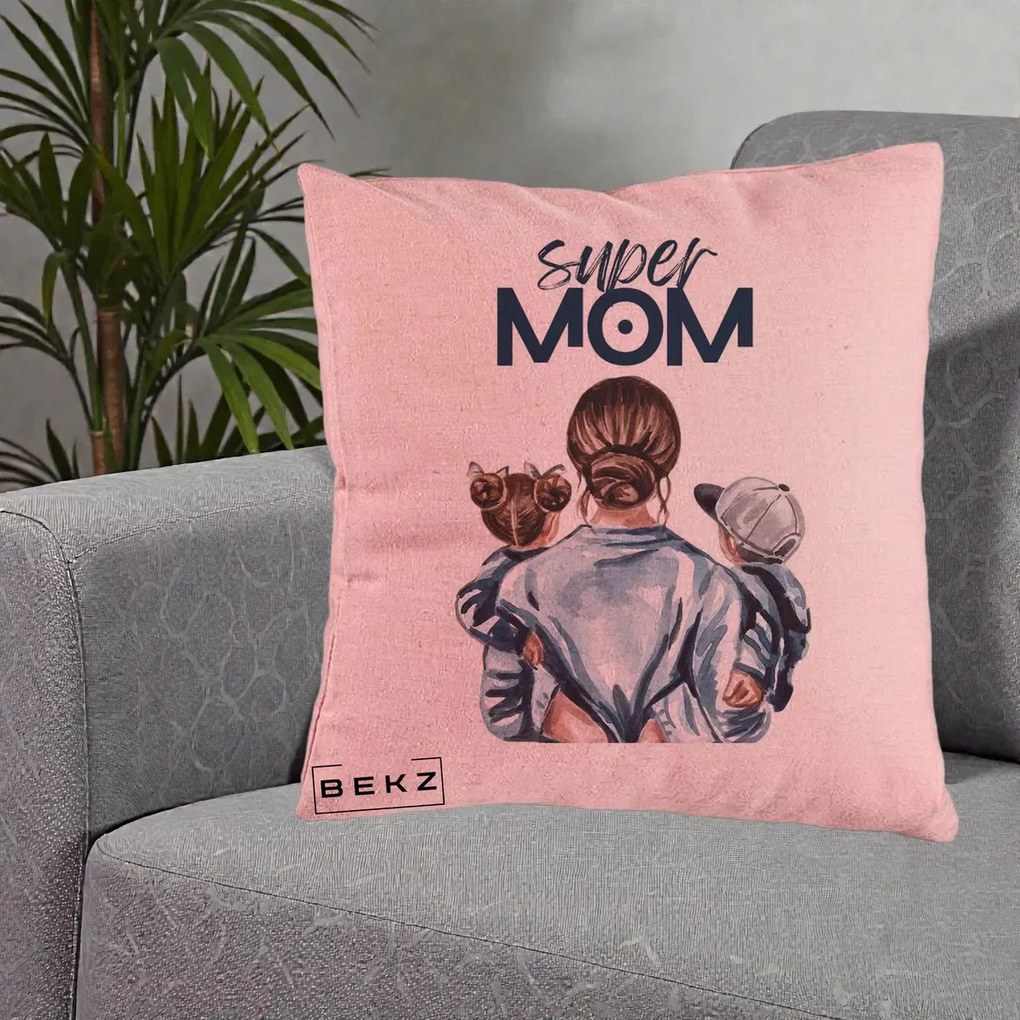 Cadou pentru Mama - Perna Personalizata Super Mom, 40x40 cm, Roz, Husa Detasabila, Perna Inclusa, BEKZ®