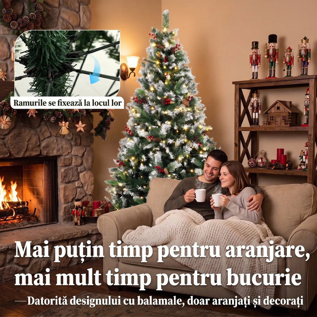 HOMCOM Brad de Crăciun Înzăpezit 210 cm, 400 de Lumini LED Bicolore, Telecomandă, 11 Modalități, 1253 de Ramuri, Conuri de Pin, Fructe Roșii | Aosom Romania