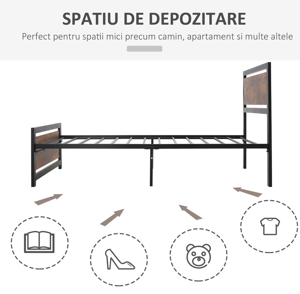 Cadru de Pat de o Persoana HOMCOM din Lemn si Otel 90x200cm, Sipci Integrate, Tablie de Cap si Tablie Picioare in Stil Industrial | Aosom Romania