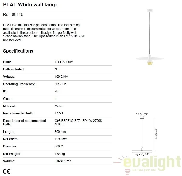 Pendul design modern minimalist PLAT alb 68146