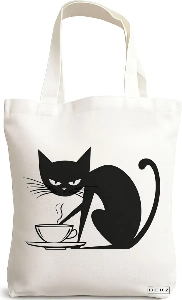 Sacosa de Panza pentru Cumparaturi, Geanta Tote, model Caffeine Cat 28 38 x 34.5 cm, Alba, BEKZ®