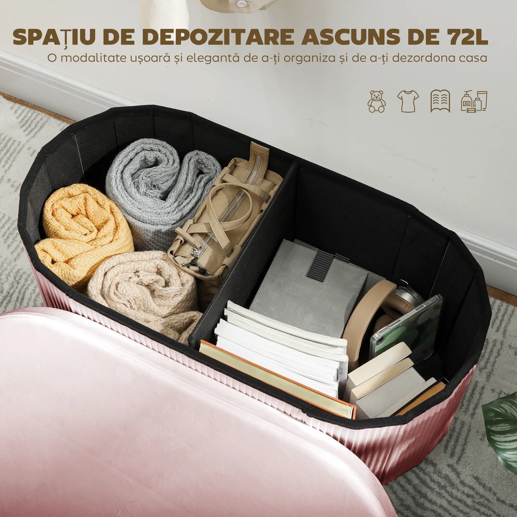 HOMCOM Pouf pliabil cu spațiu de depozitare modern, tapițat cu catifea, 72L, pentru living și dormitor, 76x38x35 cm, Roz | Aosom Romania