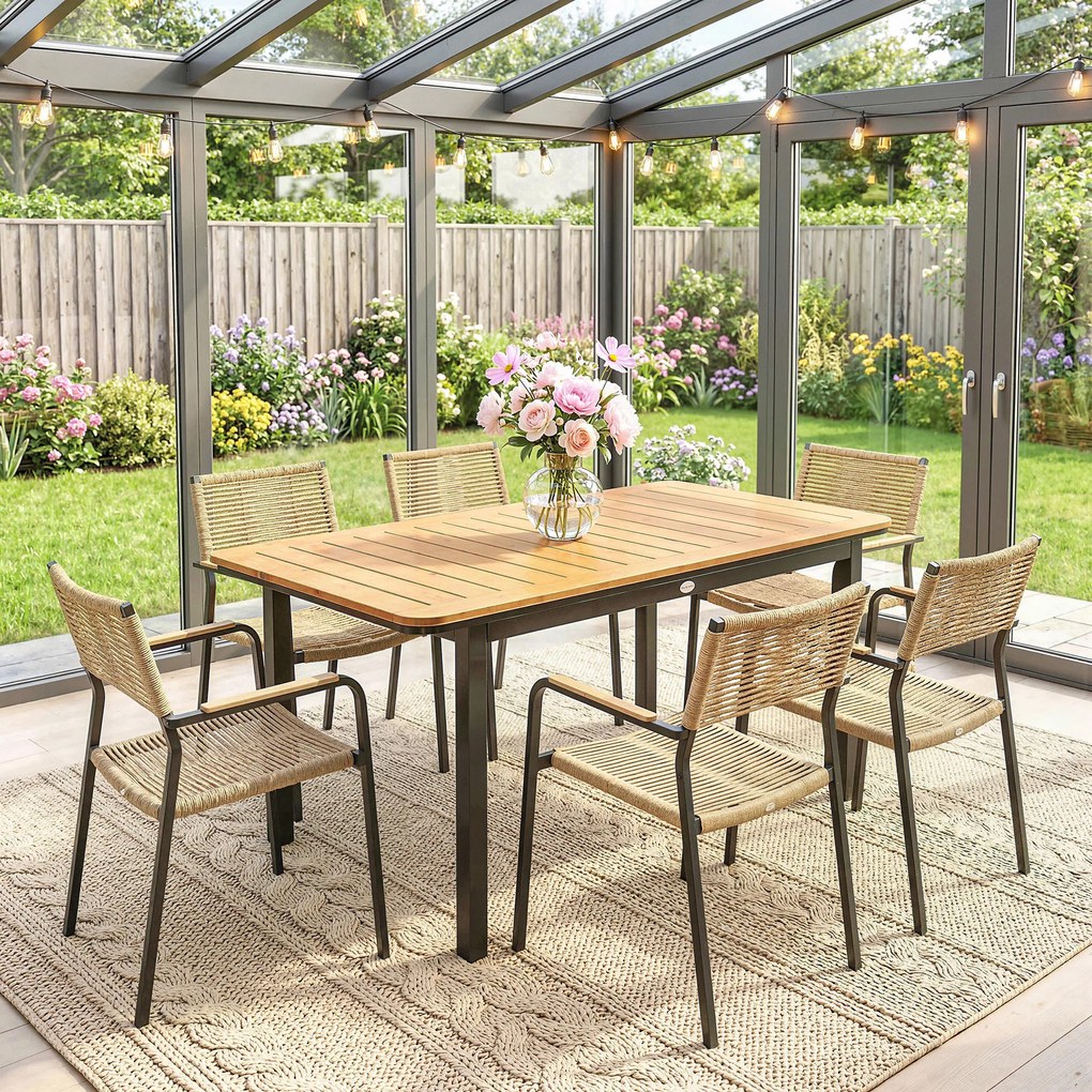 Outsunny Masă de Grădină pentru 6 Persoane, 127 x 70 cm, Masă de Exterior cu Blat cu Lamele din Lemn Plastic, Cadru Metalic | Aosom Romania