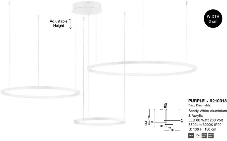 Lustra LED suspendata design circular PURPLE 3 ring alba