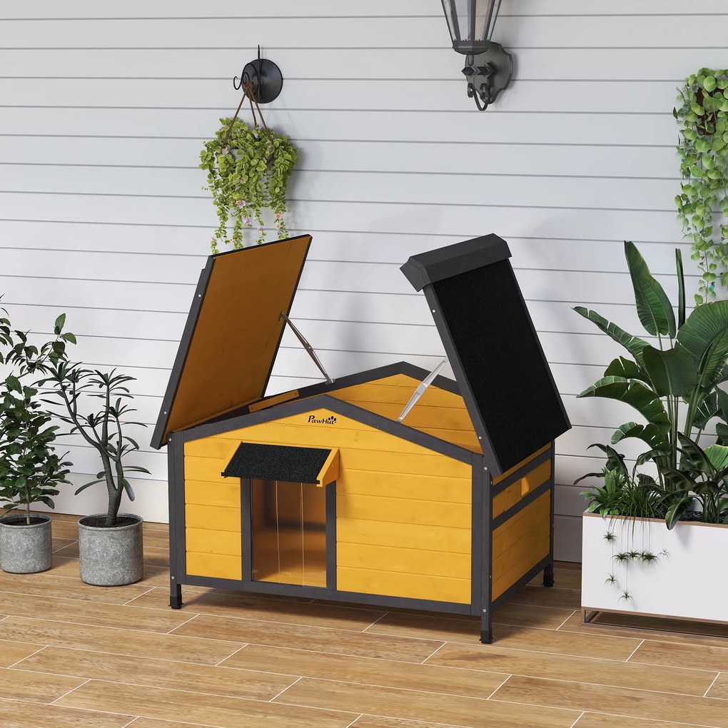 PawHut Caseta pentru Câini Exterior cu Acoperiș Asfaltic Rabatabil Ferestre și Bază Detașabilă 97x72x65 cm Lemn Natural | Aosom Romania