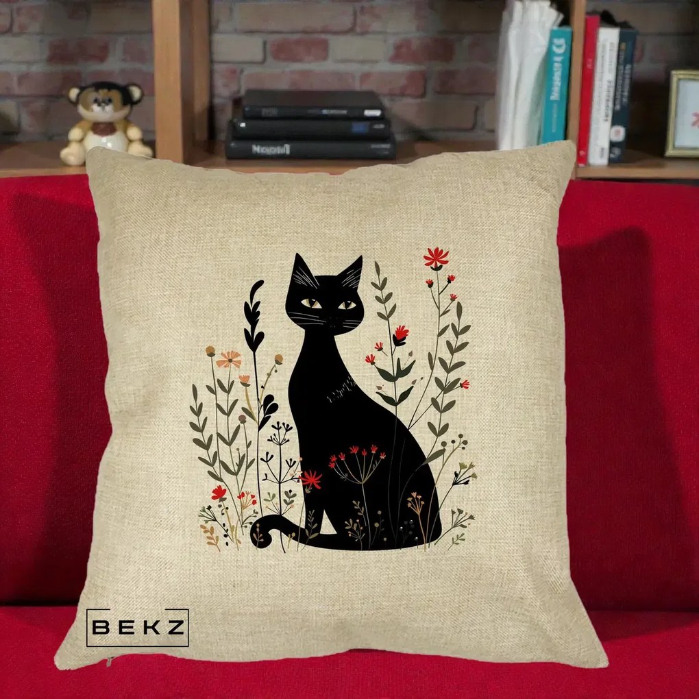 Perna Decorativa Pisica Neagra Botanica Rosu-Gri, 40x40 cm, Crem, Husa Detasabila, Perna Inclusa, BEKZ®