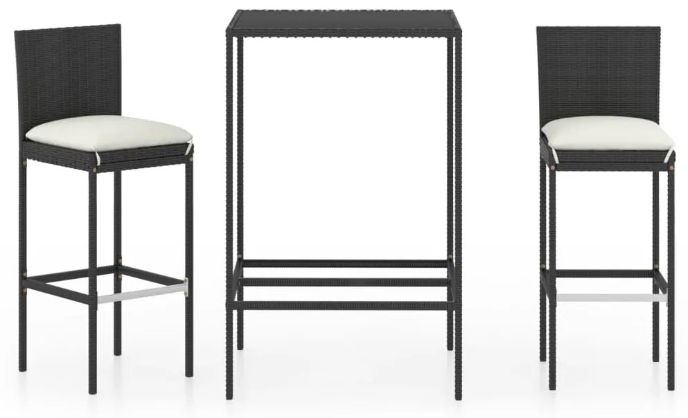 3064828 vidaXL Set mobilier bar de grădină cu perne, 3 piese, negru, poliratan