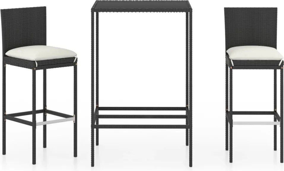 vidaXL Set mobilier bar de grădină cu perne, 3 piese, negru, poliratan