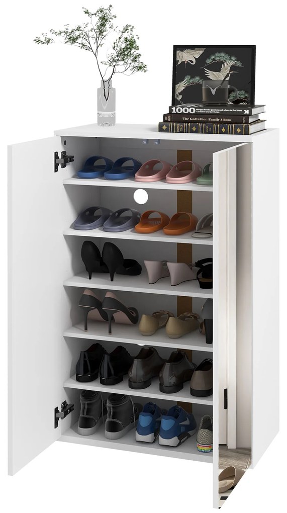 HOMCOM Dulap pentru pantofi cu oglindă pentru 18 perechi, 5 rafturi reglabile, pentru hol 60x32x95 cm Alb | Aosom Romania