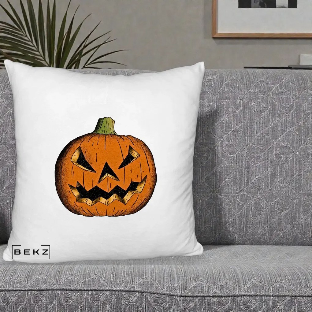 Perna Decorativa Halloween Dovleac Portocaliu Clasic, 40x40 cm, Alb Pufos, Husa Detasabila, Perna Inclusa, BEKZ®