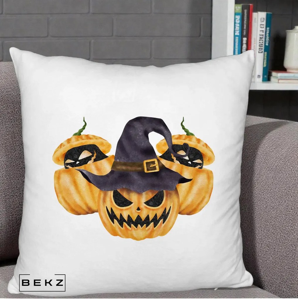 Perna Decorativa Trio Dovleci Jack-o-Lantern cu Palarie Vrajitoare, 40x40 cm, Alb Pufos, Husa Detasabila, Perna Inclusa, BEKZ®
