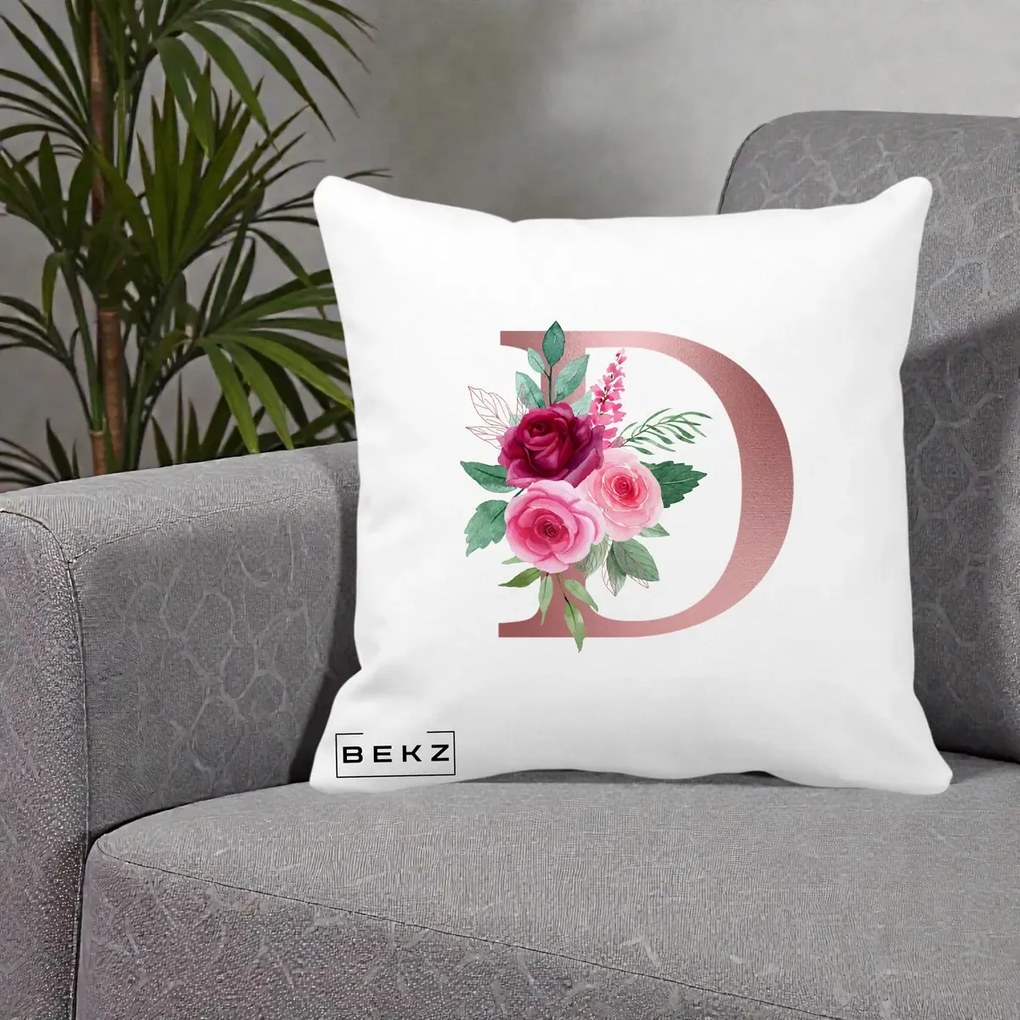 Cadou Personalizat - Perna Personalizata Monograma Rose Gold Litera D, 40x40 cm, Alba Mata, Husa Detasabila, Perna Inclusa, BEKZ®