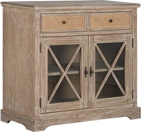 Bufet vintage în stil French Country, din lemn de bayur, natur, cu 2 uși vitrate și 2 sertare din ratan împletit, 91,5 x 100 x 45 cm, „Seraphine”