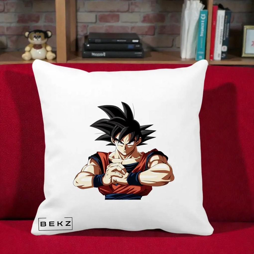 Perna Personalizata Dragon Ball Goku Portret Serios, 40x40 cm, Alba Mata, Husa Detasabila, Perna Inclusa, BEKZ®