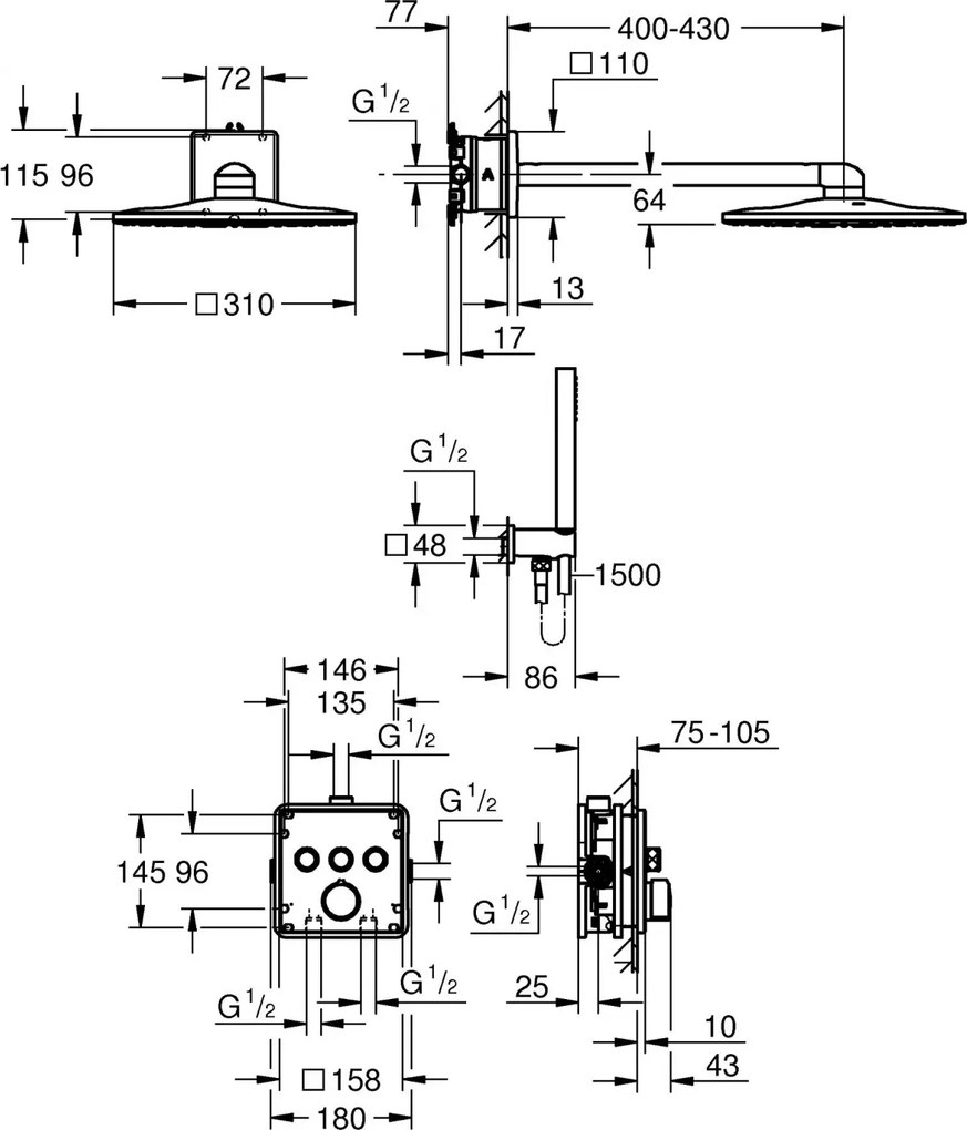 Set de dus incastrat cu baterie termostatata Grohe Grohtherm SmartControl Rainshower SmartActive 310 Cube
