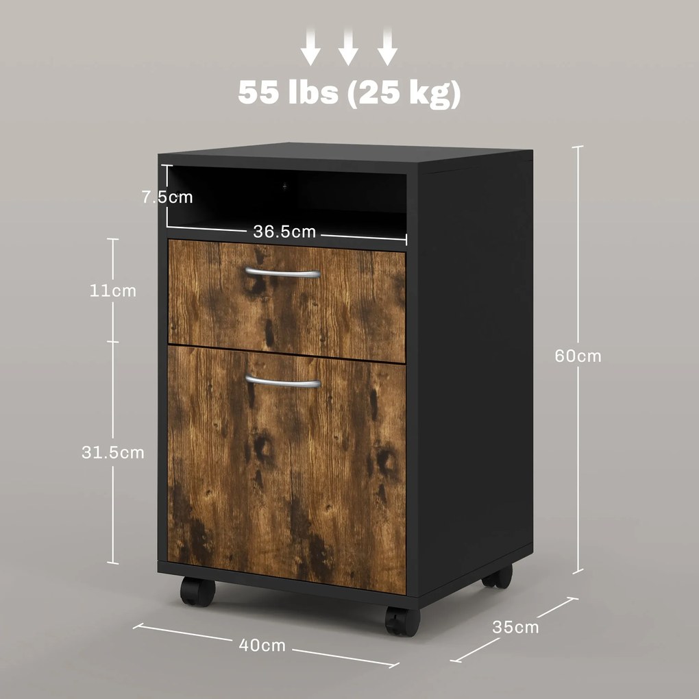 HOMCOM Dulap Birou cu 4 Roți, Raft Deschis și 2 Sertare, Mobilier de Birou din Lemn și Metal, 40x35x60 cm, Maro | Aosom Romania
