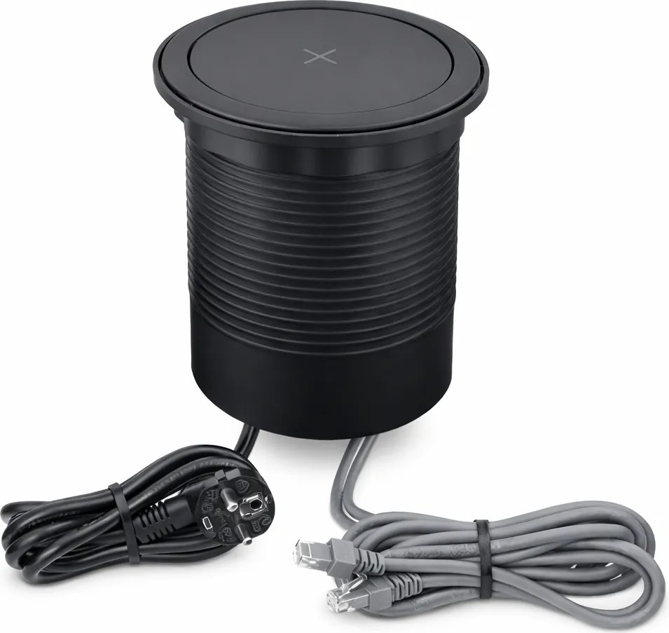 Priza incorporabila in blat Multi Box Design Light, 4 prize Schuko, USB A + C, 2 x RJ45, incarcator wireless, negru, D:120 mm Negru, L:120 mm; l:120