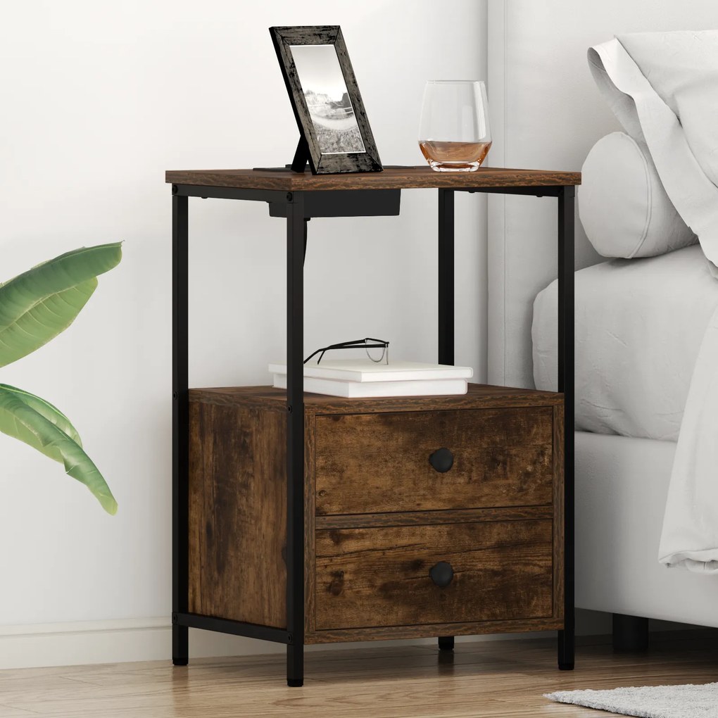 vidaXL Cabinet de noptiere cu stație de încărcare 2 pcs Stejar afumat