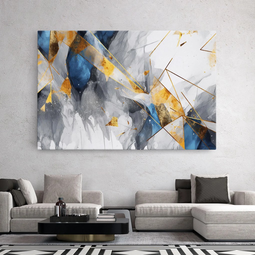 Tablou Canvas, 90x140cm, Dormitor si Living, Abstracte, Abstract cu linii, Abstract Gold Blue Pattern