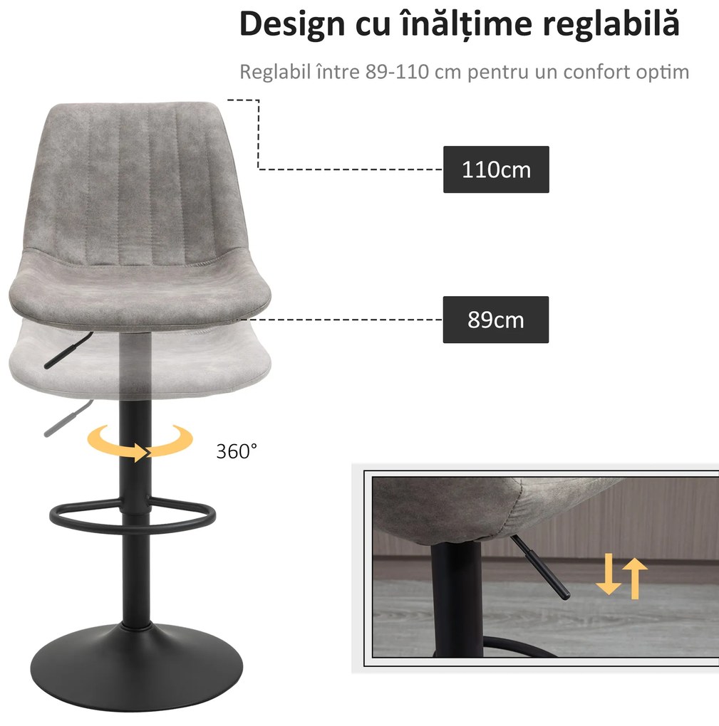 Set de 2 scaune de bar HOMCOM, stil industrial, spatar din microfibra, inaltime reglabila gri | Aosom Romania