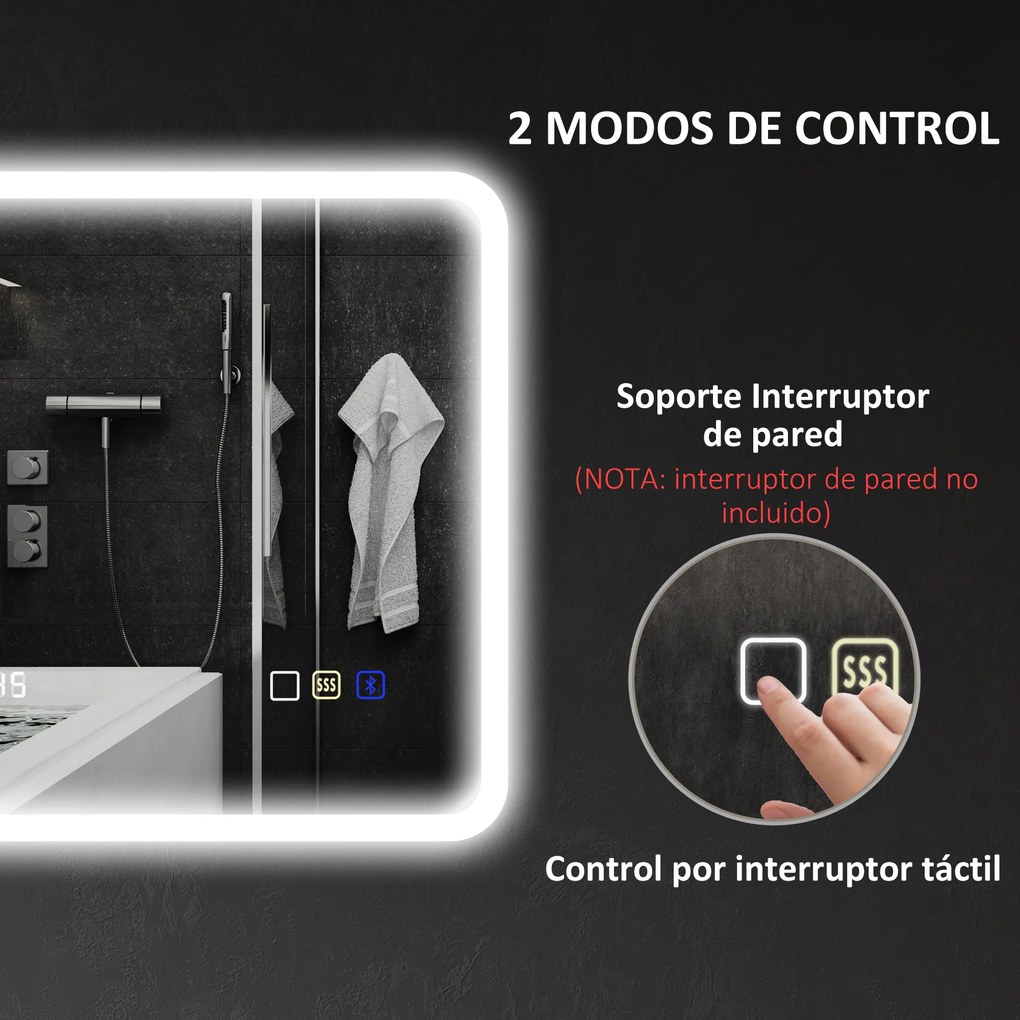HOMCOM Oglindă de Baie cu Leduri 70x50 cm cu Bluetooth 3 Culori de Lumină Ceas Digital Funcție Anticeață Funcție de Memorie | Aosom Romania