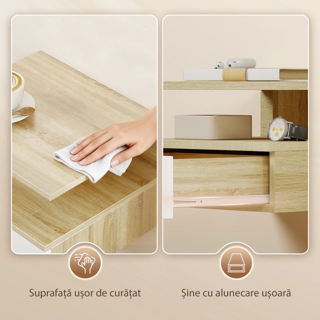 HOMCOM Set de 2 Noptiere Suspendate cu Sertar și Poliță Superioară, Noptiere Moderne din Lemn, 35x32x22.5 cm, Lemn Natural | Aosom Romania