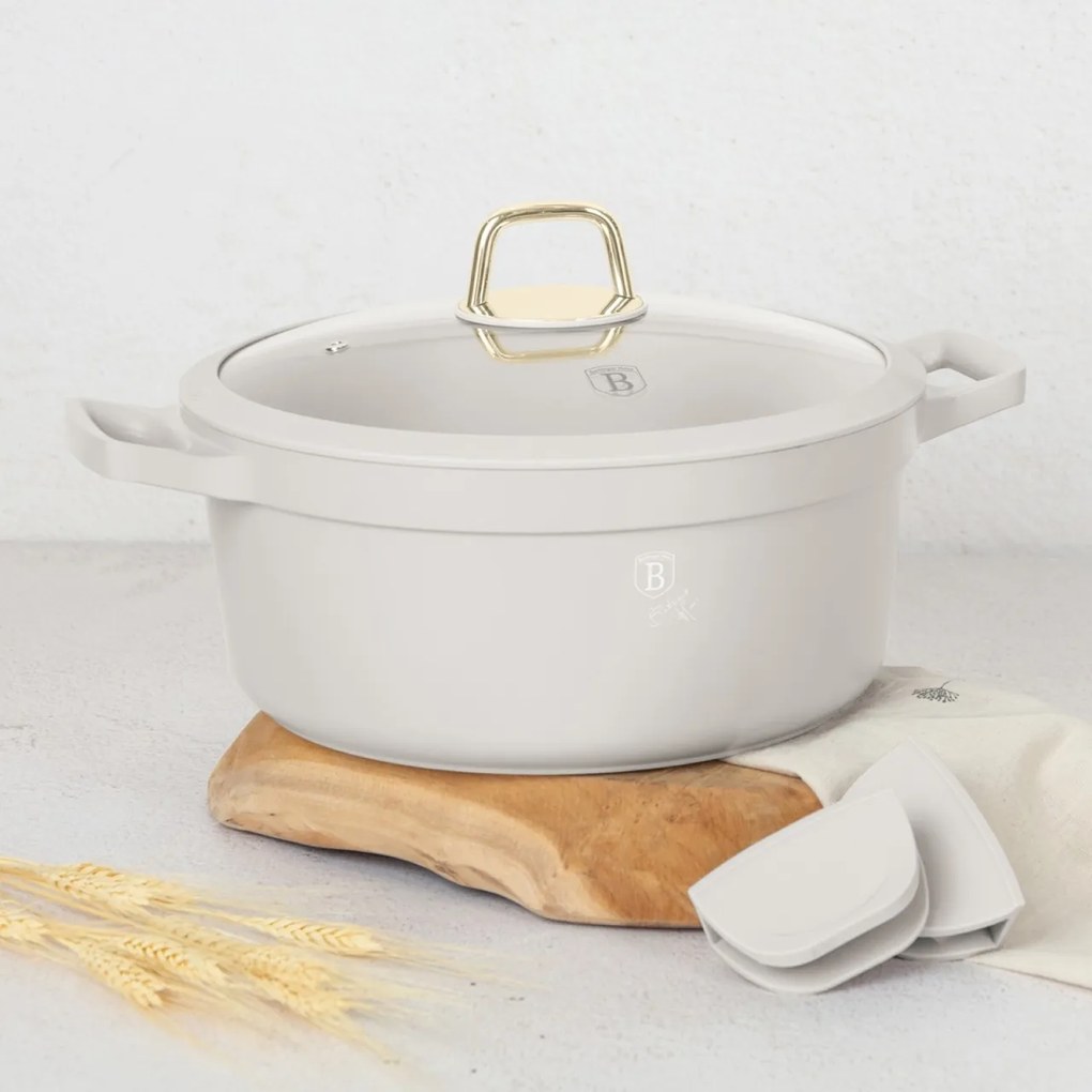 Oală cu capac 28 cm, 6.6L – Berlinger Haus Sahara Collection BH 7788, crem, cu mânere silicon, gătit sănătos, compatibilă inducție
