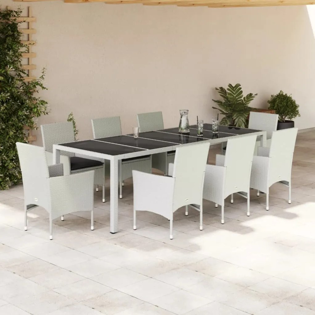 vidaXL Set mobilier de grădină cu perne 9 piese alb poliratan &amp; sticlă