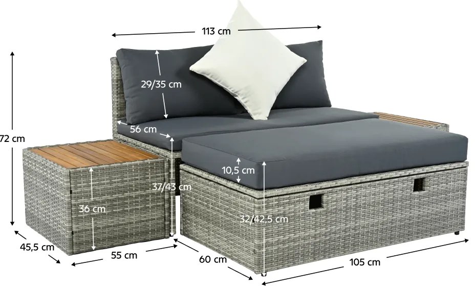 Set rattan de grădină DEBRA, gri/natural/crem