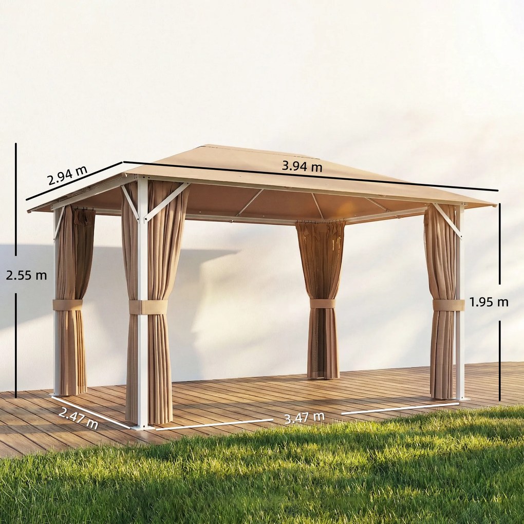 Outsunny Tonelă de Grădină Pavilion Structură Metalică Stabilă 60mm Protecție UV50+ și 10 Orificii de Drenaj 394x294x255cm kaki | Aosom Romania