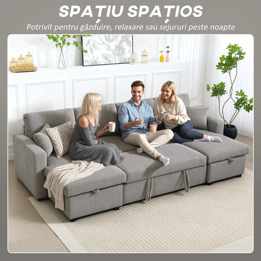 HOMCOM Canapea Extensibilă Modernă în Formă de U și Spații de Depozitare, Catifea Reiată, 282x140x86 cm, Gri | Aosom Romania