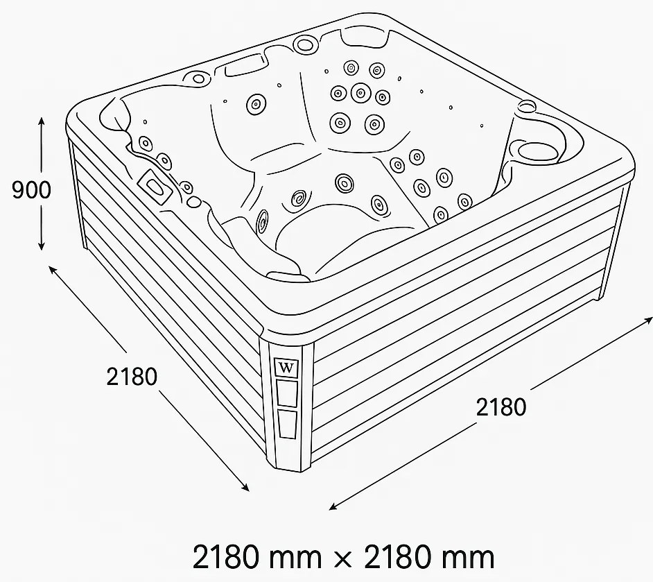 Minipiscina 5 persoane 218 218 cm alba cu hidromasaj, acril, Wellis, Palermo CityLife Deluxe