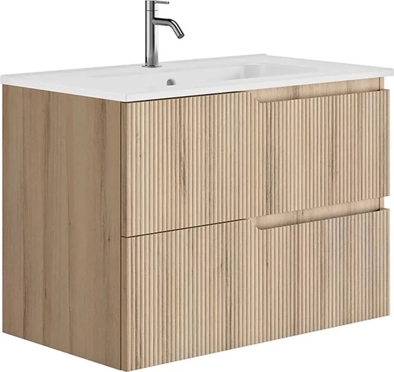 Set dulap baza suspendat Gala Canaletto 2 sertare 80 cm finisaj lemn bej si lavoar Luc alb
