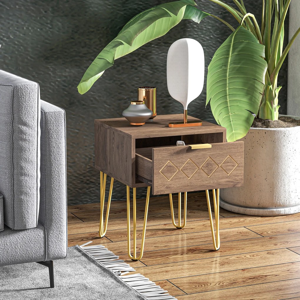 HOMCOM Noptiere Moderne Set 2 Bucati din PAL si Otel cu Sertar, 39.5x41x49 cm, Maro | Aosom Romania