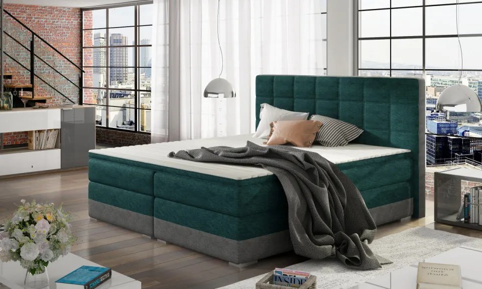 Pat boxspring, tapitat, 140x200 cm, Damaso, Eltap (Culoare: Verde inchis / Gri)